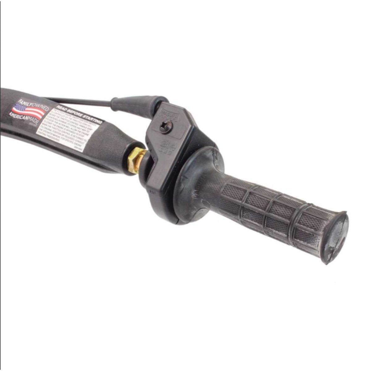 Close-up of a Bravepro two man earth auger handle with brand label on a white background