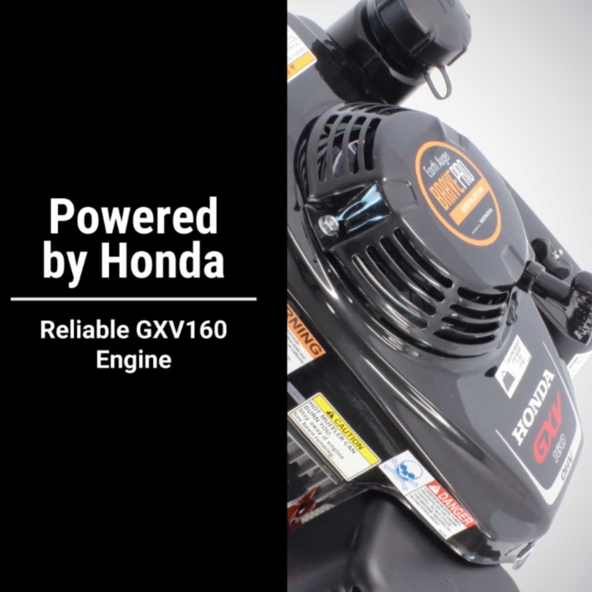 brave two man earth auger with a Honda GXV160 engine with 'Powered by Honda' text on a black background