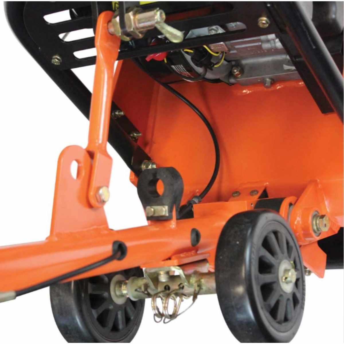 Close-up of an orange bravepro plate compactor BRPRP210H with wheels on a white background
