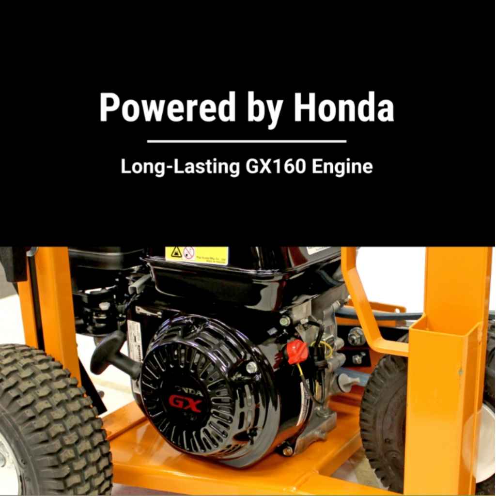 Engine of a bravepro star blade lawn edger with 'Powered by Honda' text and 'Long-Lasting GX160 Engine' label.