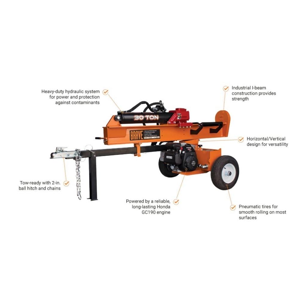 Orange brave pro 30 ton log splitter with features highlighted on a white background
