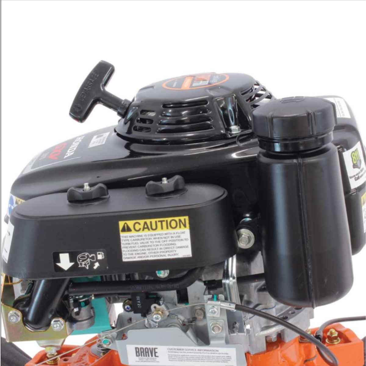 Close-up of a Bravepro 7/8 two man auger engine with visible branding and caution label.