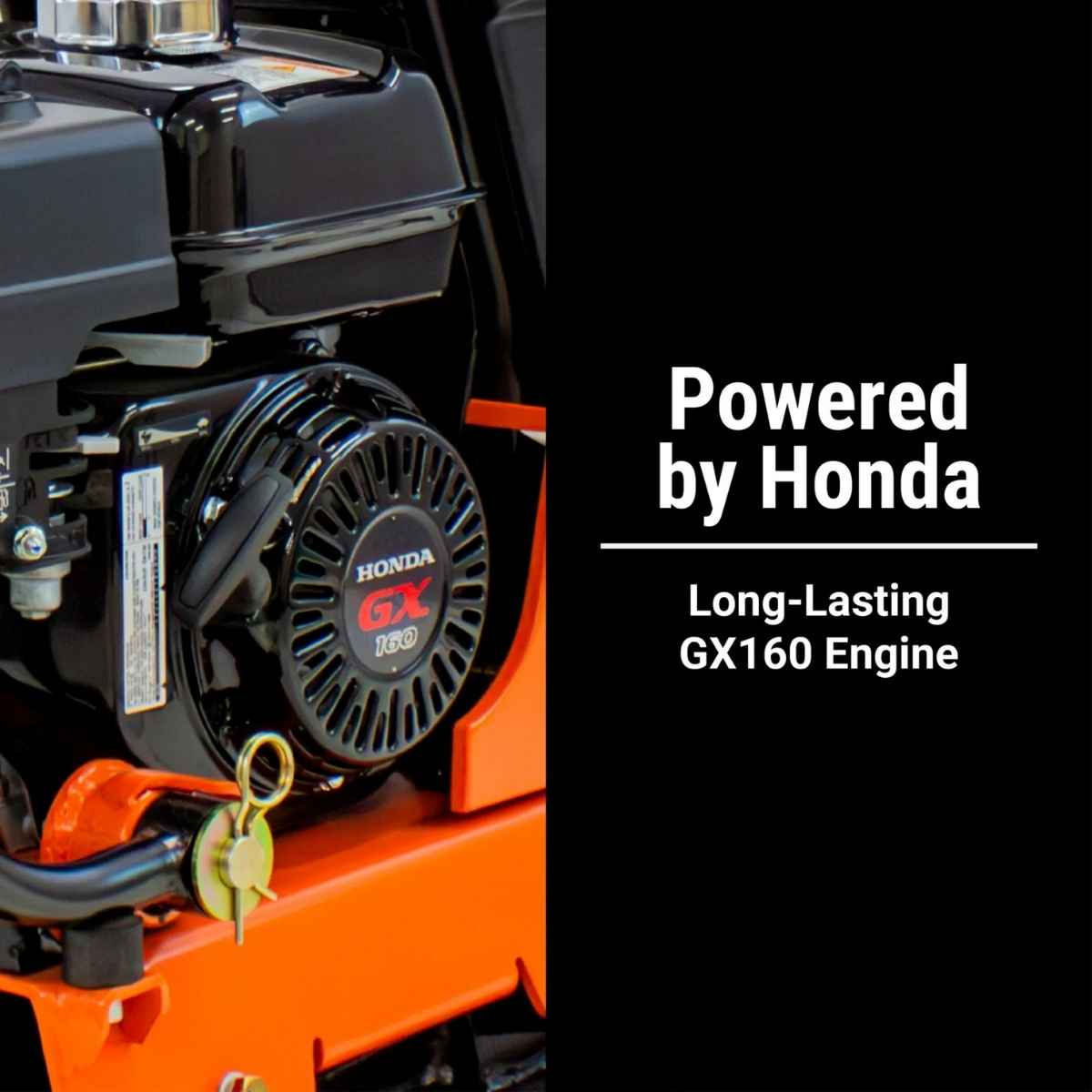 Close-up of a brave 16 in plate compactor BRPFP135H with a Honda GX160 engine with 'Powered by Honda' text on a black background.