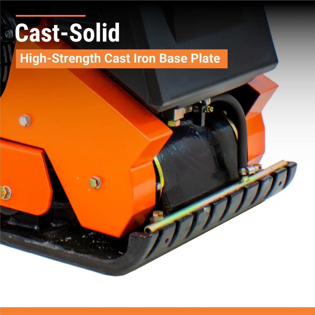 A Bravepro plate compactor 16 in BRPFP135H with a high-strength cast iron base plate and an orange and black color scheme on a gray background