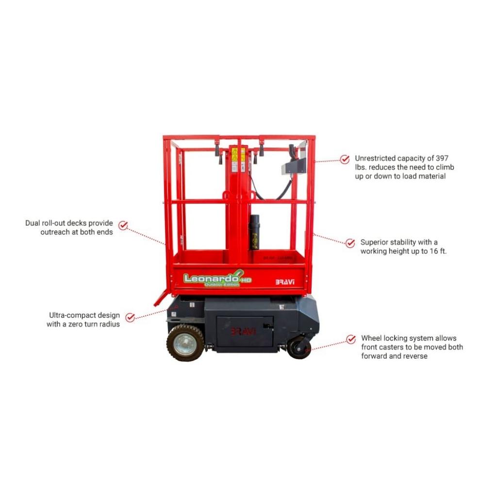 Red Bravi Leonardo HD with descriptions highlighting key features on a white background.