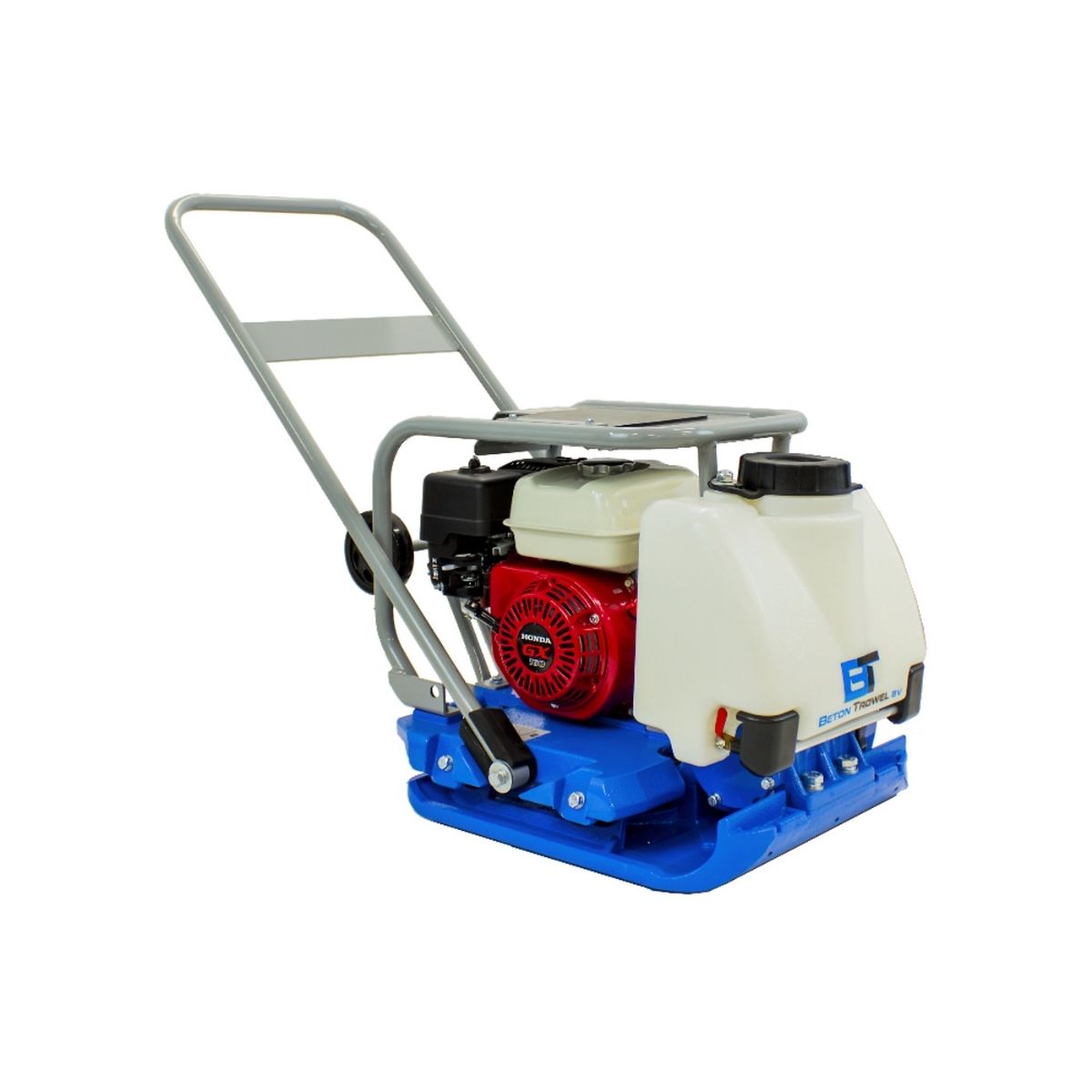 A blue and whitye beton trowel 20 inch plate compactor gx160 with red engine and blue base on a white background