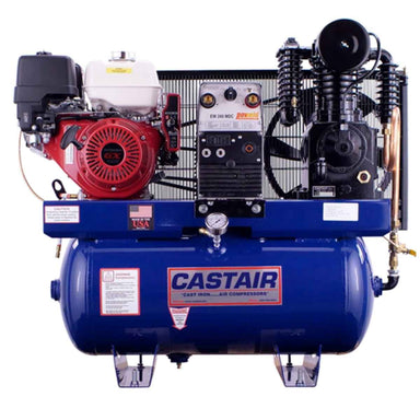 Blue Castair compressor generator welder with engine on a white background