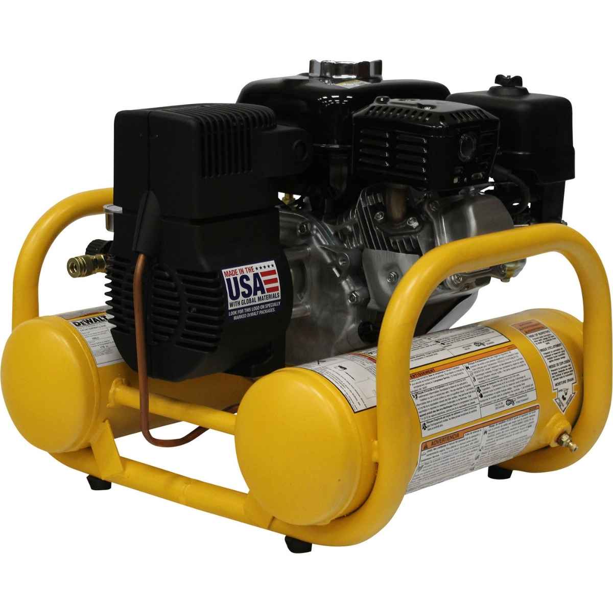 Yellow dewalt 4 gallon gas air compressor with visible 'USA' label on a white background