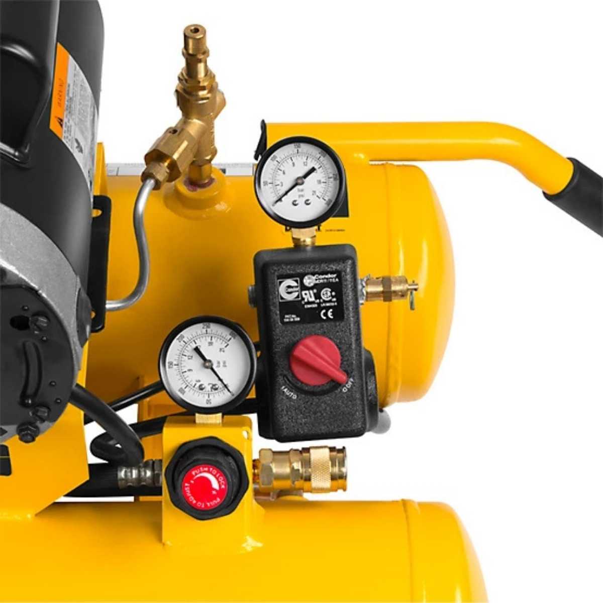 Close-up of a yellow DeWalt 8 gal 1.9 Hp Wheelbarrow air compressor with gauges and controls on a white background