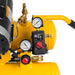 Close-up of a yellow DeWalt 8 gal 1.9 Hp Wheelbarrow air compressor with gauges and controls on a white background