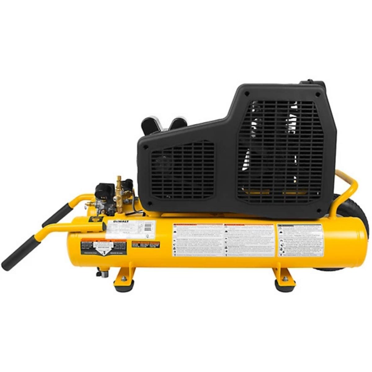 Yellow and black Dewalt 8 gallon 5.7cfm air compressor on a white background