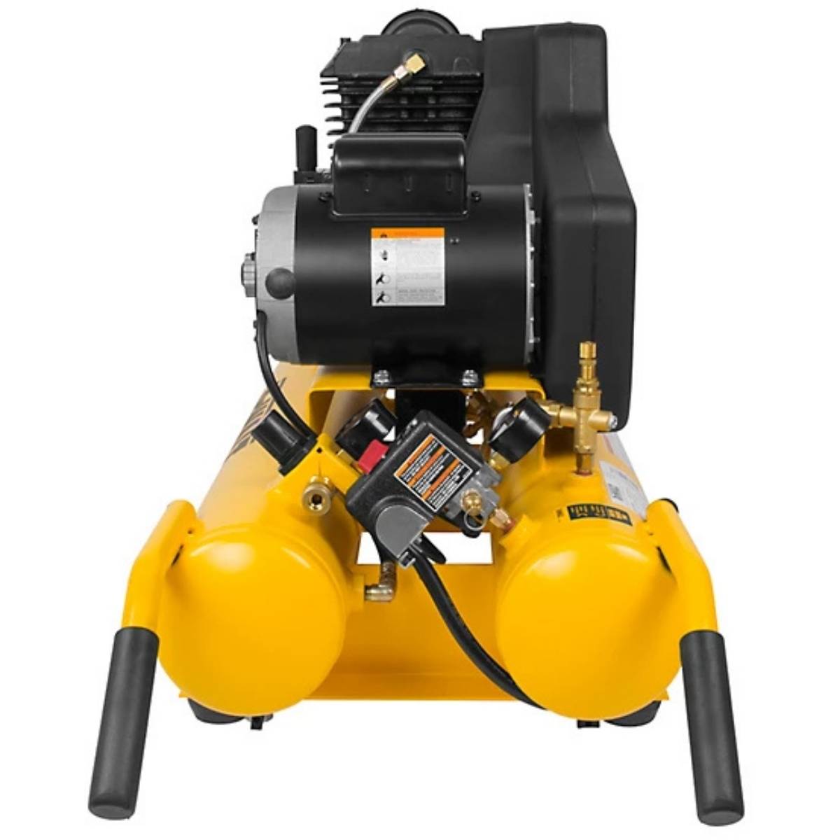 Yellow and black DeWalt 5.7cfm wheelbarrow air compressor on a white background