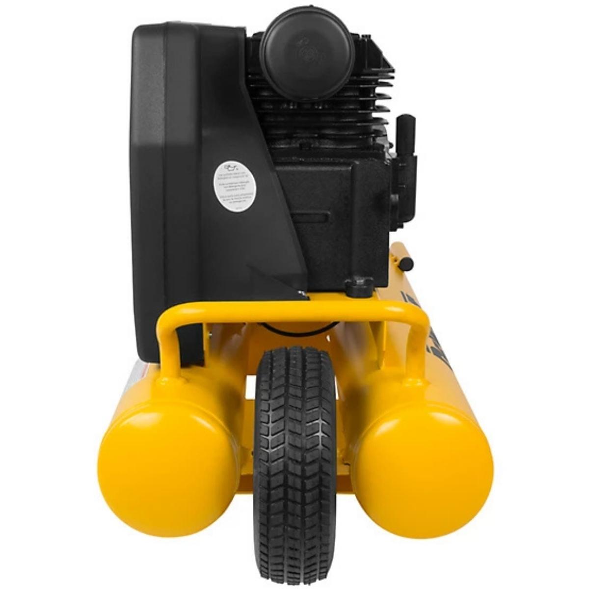 Yellow dewalt 8 gallon 1.9 hp air compressor with black engine on a white background
