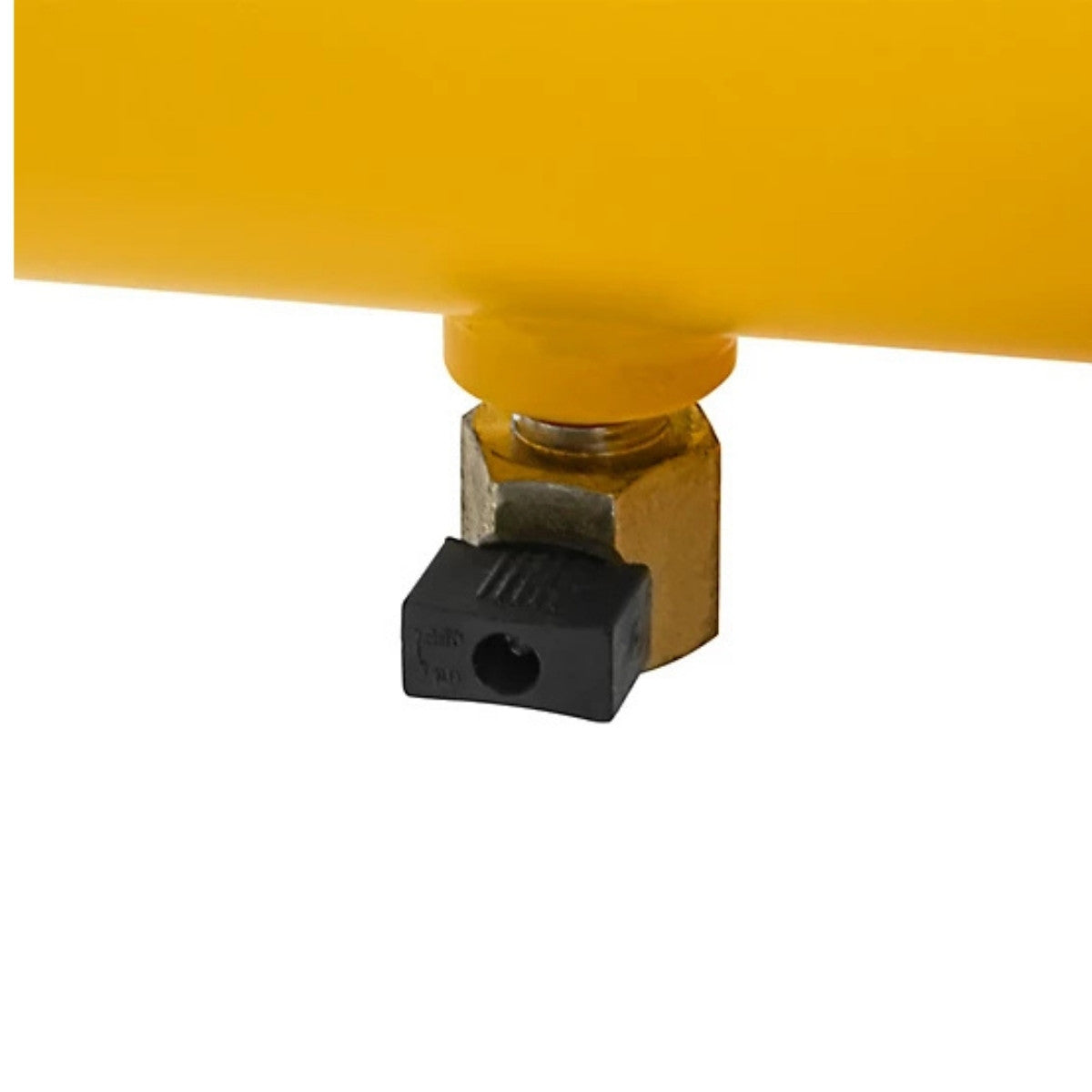Close-up of a yellow Dewalt 8 gal wheelbarrow 5.5 hp with a black connector on a white background