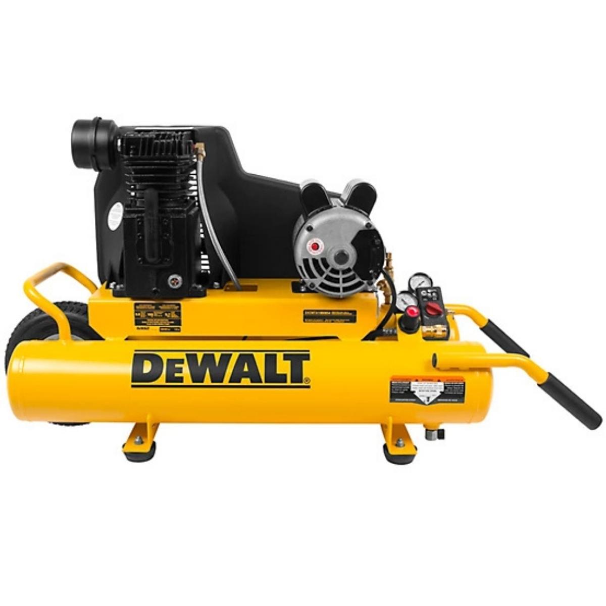 Yellow Dewalt 8 Gallon 1.9hp air compressor on a white background