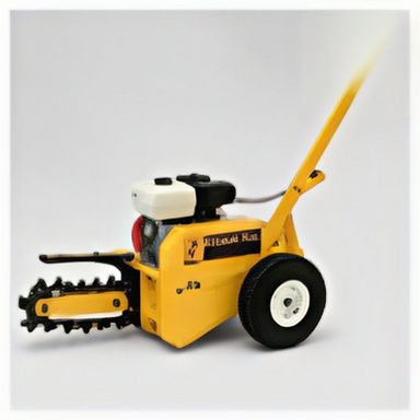 Yellow Ground Hog T4 Trencher with a white background Side view