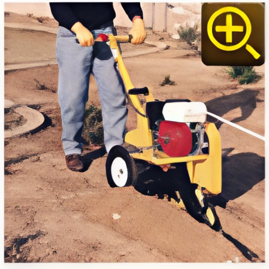 Person using a yellow Ground Hog T4 Trencher in a dry, barren landscape.