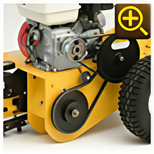 Close-up of a yellow Ground Hog Mini Trencher engine and belt system on a white background