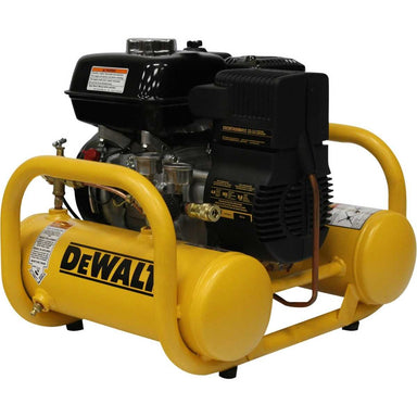 Yellow Dewalt 4 gallon portable gas air compressor on a white background