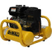 Yellow Dewalt 4 gallon portable gas air compressor on a white background
