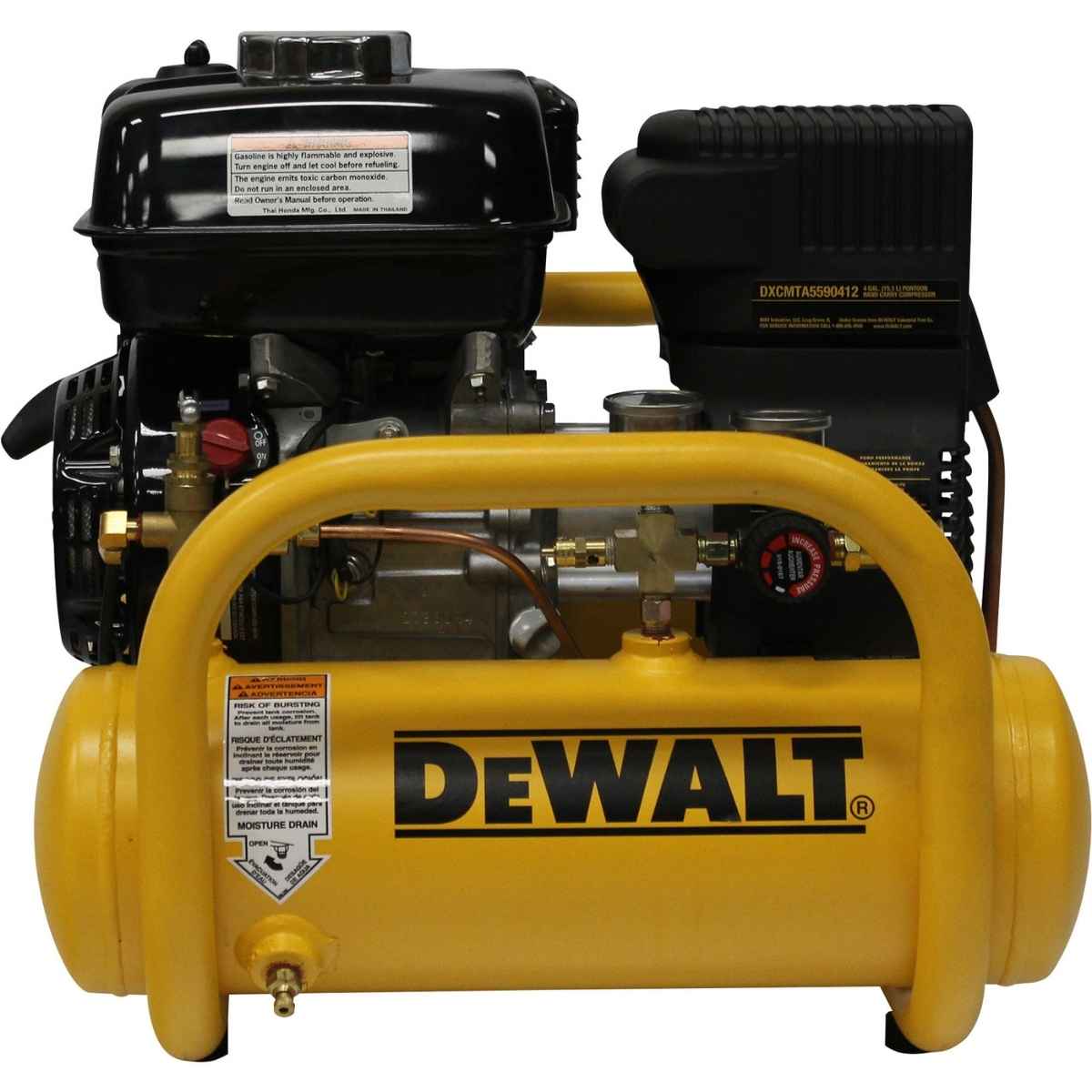 Yellow Dewalt 4 gallon gas air compressor on a white background