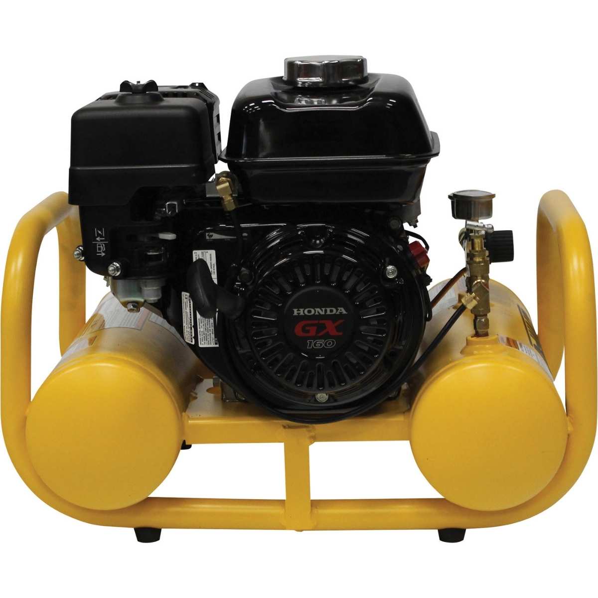 Yellow Dewalt 4 gallon pontoon air compressor with Honda GX engine on a white background