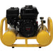 Yellow Dewalt 4 gallon pontoon air compressor with Honda GX engine on a white background