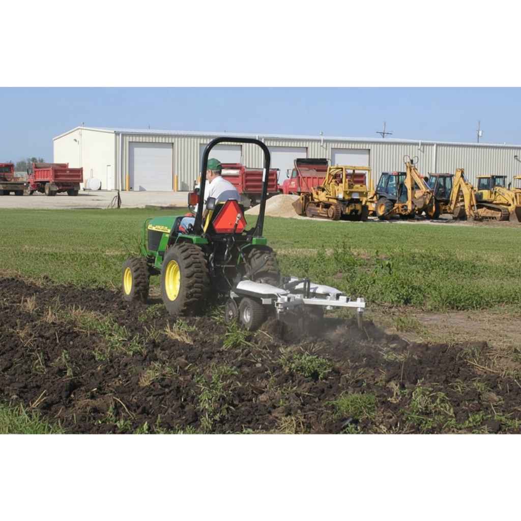 Tractor plowing a field with a GreyWolf 43 Inch Chisel Plow And Cultivator attached With equipment in the background