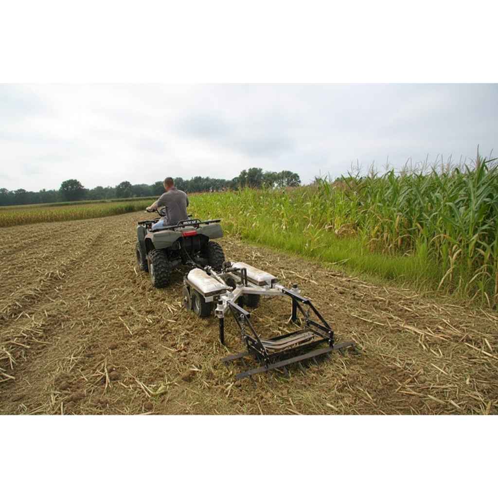 Person operating an ATV with a GreyWolf Chisel Plow & Cultivator 43 In Attached in a field with crops