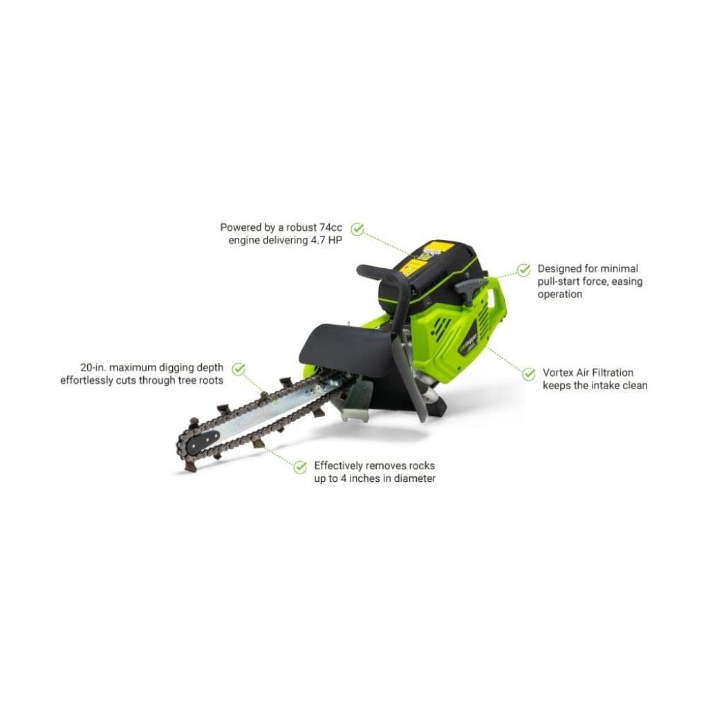 A green and black GeoRipper Mini Trencher with descriptions highlighting key features on a white background