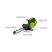 A green and black GeoRipper Mini Trencher with descriptions highlighting key features on a white background