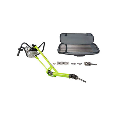 Green Mini Trencher Microbore sibore drill sb215 with accessories on a white background
