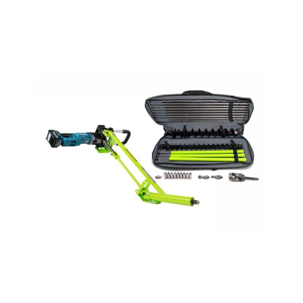 Green MiniTrencher SB4313 makita sibore drill full package and parts on a white background