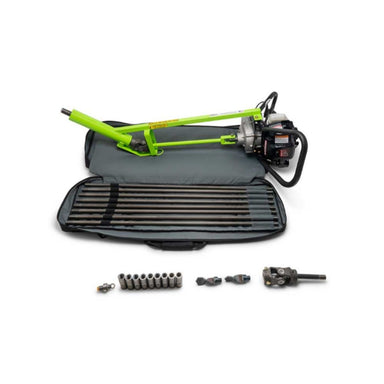 Green and black minitrencher microbore sibore drill Honda engine with accessories on a white background