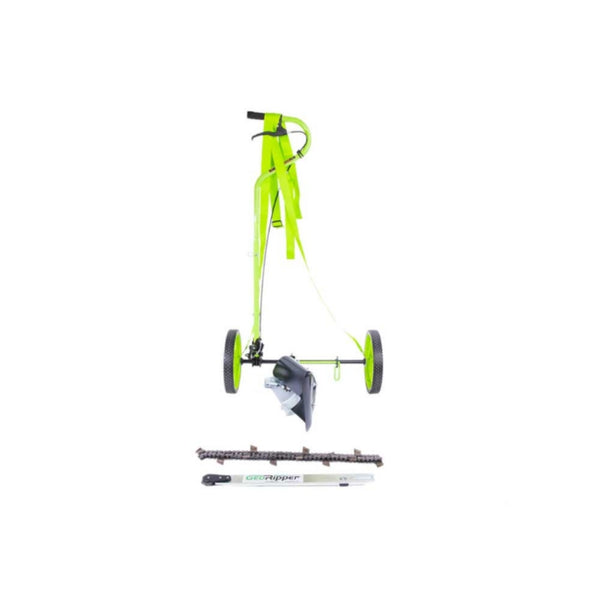 Green Mini Trencher Chainsaw Attachment on a white background