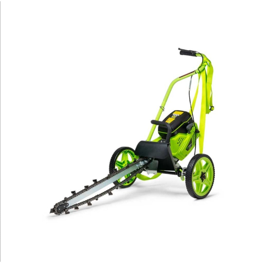 Green and black georipper mini trencher on a white background