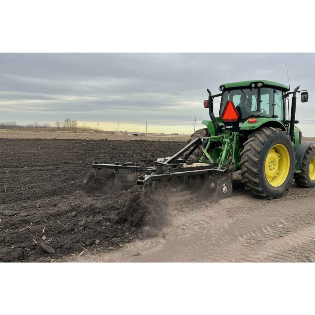 Green tractor plowing a field with a greywolf 3 point chisel plow & cultivator a cloudy sky in the background