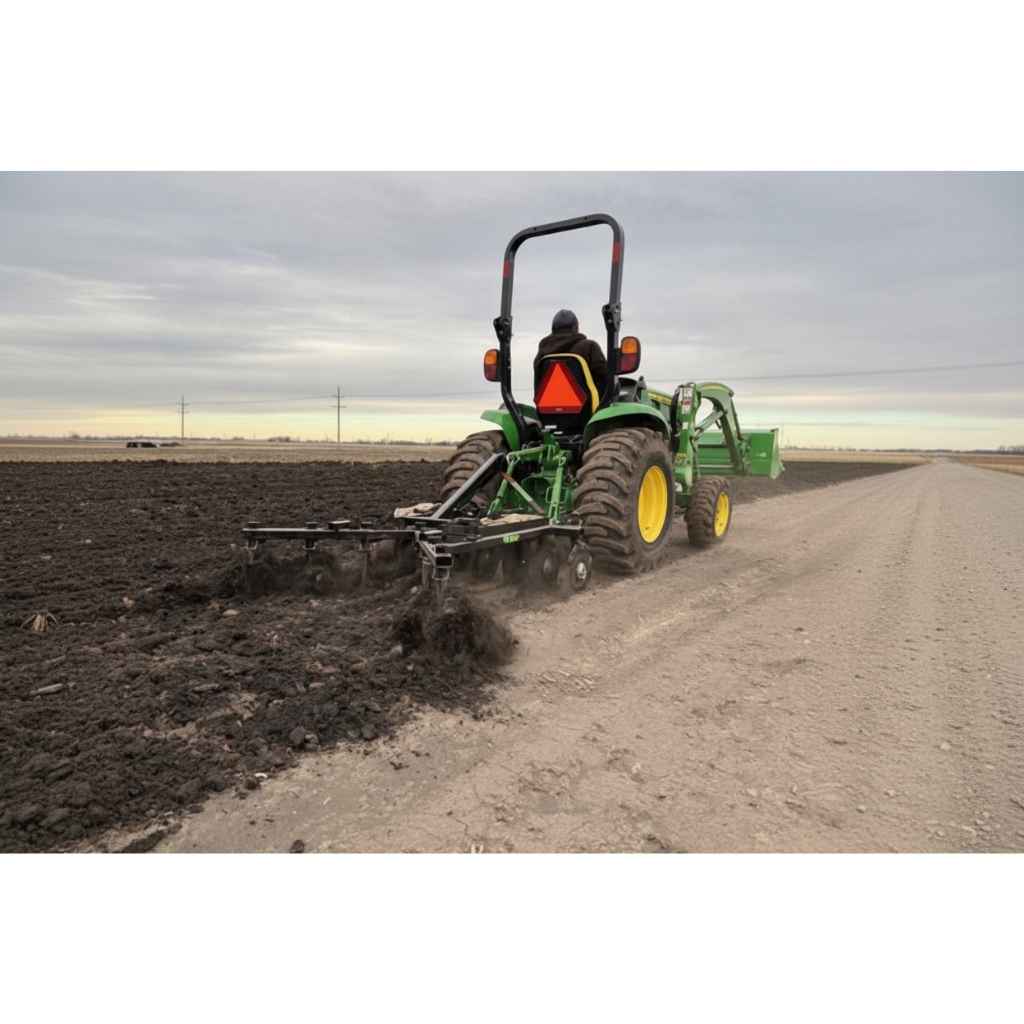 Tractor plowing a field with a greywolf Till-N-Claw 3-Point Chisel Plow & Cultivatorn while a persons inside, on a cloudy day.
