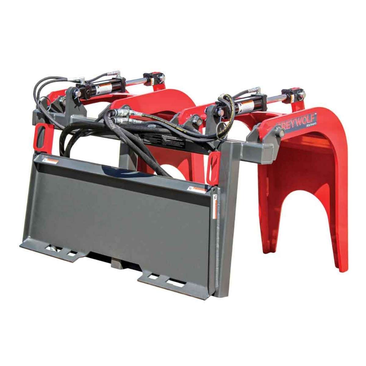 Red and gray Greywolf skid steer quick attach grapple on a white background