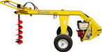 Yellow GroundHog HD99 one-man towable earth drill with a drill bit attachment on a white background