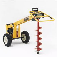 Yellow and black GroundHog HD99 one-man towable earth drill on a white background