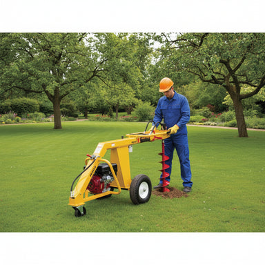 Person using a GroundHog HD99 auger on The ground n front of a stone wall