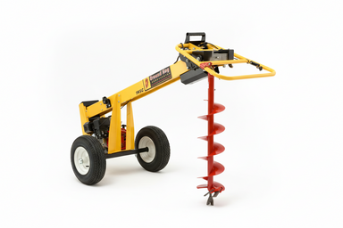 Grounhog one man earth drill yellow and red on a white background