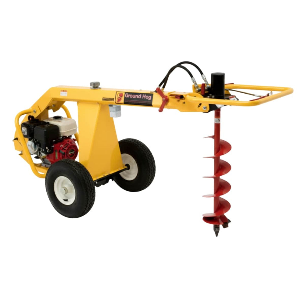 Yellow and red groundhog hd99 earth auger on a white background