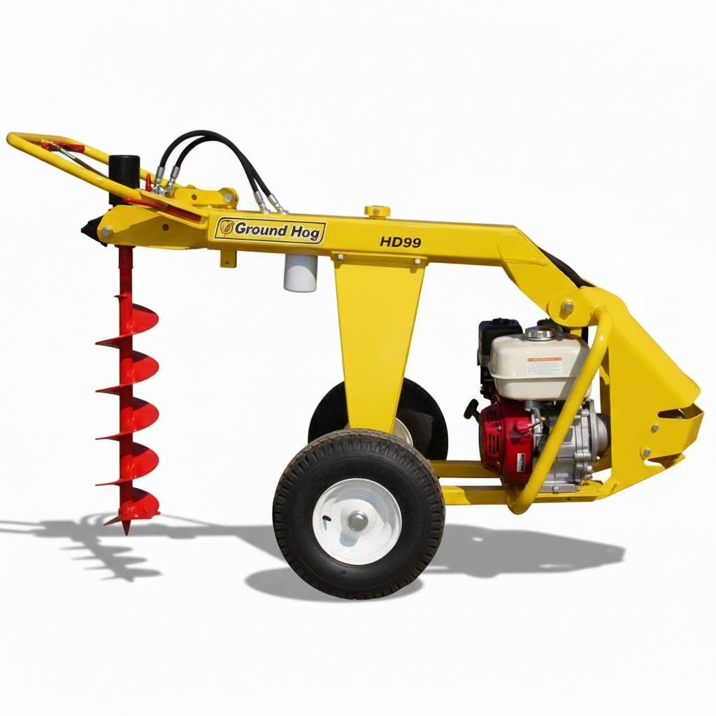 Yellow groundhog hd99 auger with red drill bit on a white background