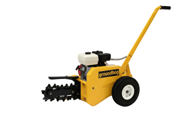 Yellow GroundHog T4 Trencher with a white background Side view