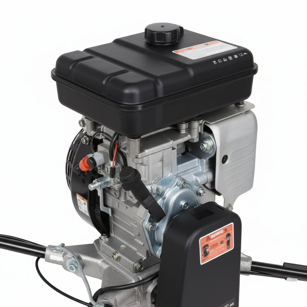 Ground Hog C-17-5 Two-Man Earth Drill with auger bit attachment on a white background close up of the engine