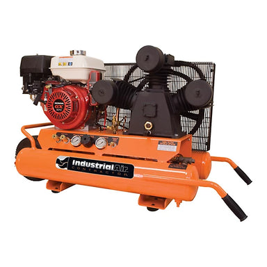 Orange Industrial air 9 gallon air compressor with visible brand logo on a white background