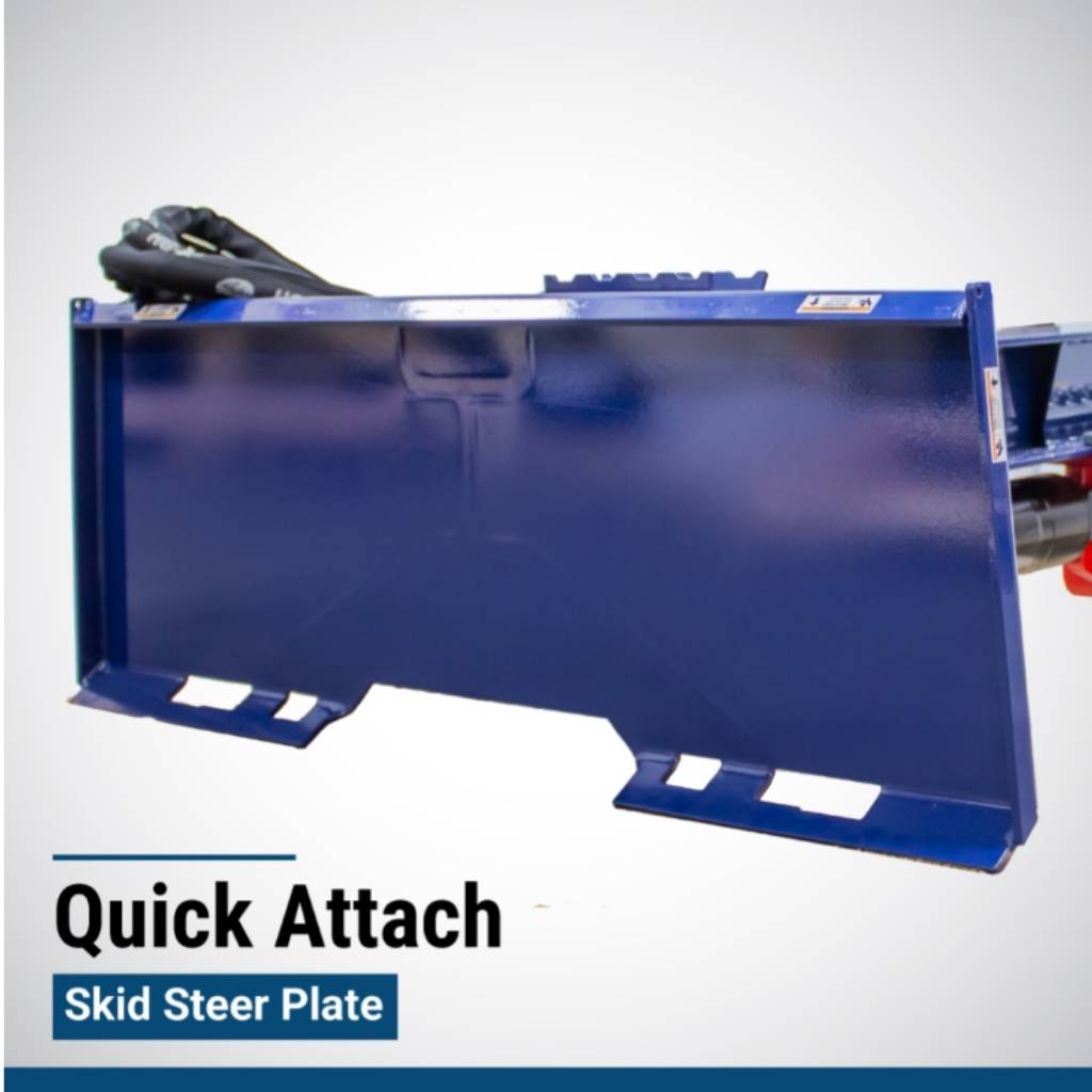 Blue iron and oak skid steer mount 30 ton log splitter with 'Quick Attach' text on a white background