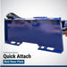 Blue iron and oak skid steer mount 30 ton log splitter with 'Quick Attach' text on a white background